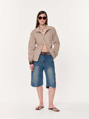 Brown Gingham Oversized Cropped Shirt